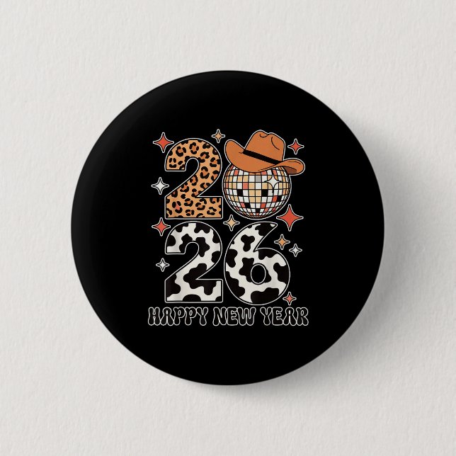 Happy New Year 2026 Cowgirl Disco Ball Western Leo Button (Vorderseite)