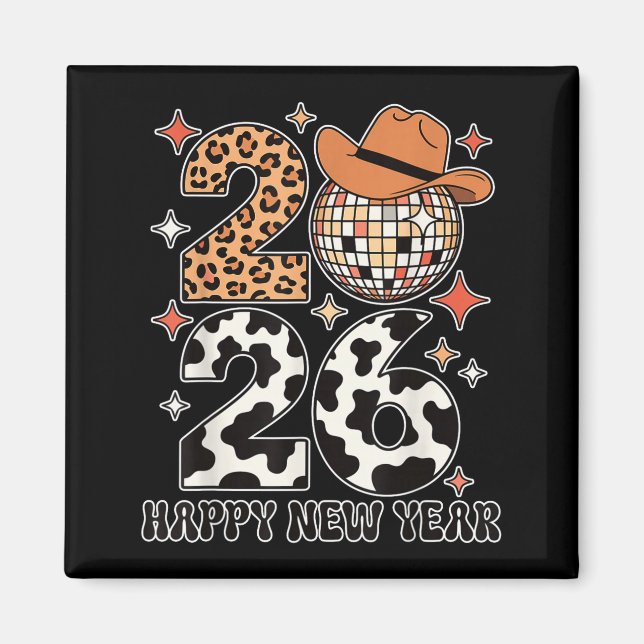 Happy New Year 2026 Cowgirl Disco Ball Western Leo Magnet (Vorne)