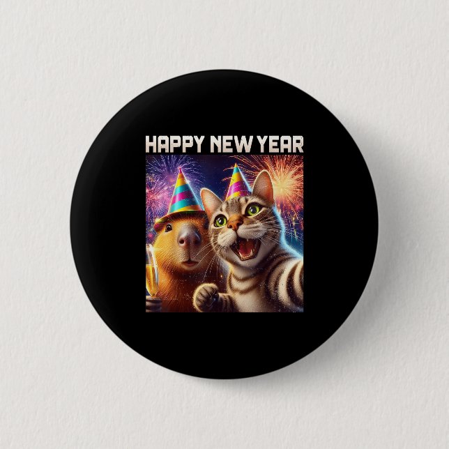 Happy New Year 2026 Cute Cat Capybara Party Art  Button (Vorderseite)