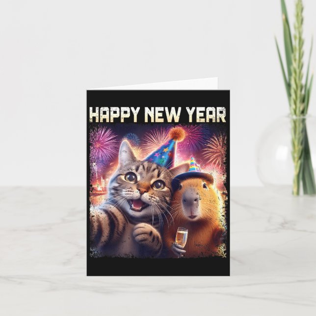 Happy New Year 2026 Cute Cat Capybara Party Art  Karte (Vorderseite)