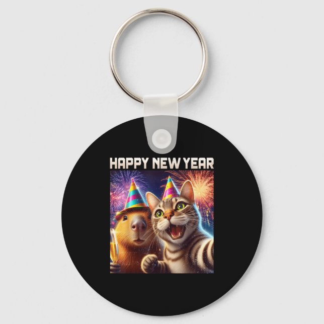 Happy New Year 2026 Cute Cat Capybara Party Art  Schlüsselanhänger (Vorderseite)