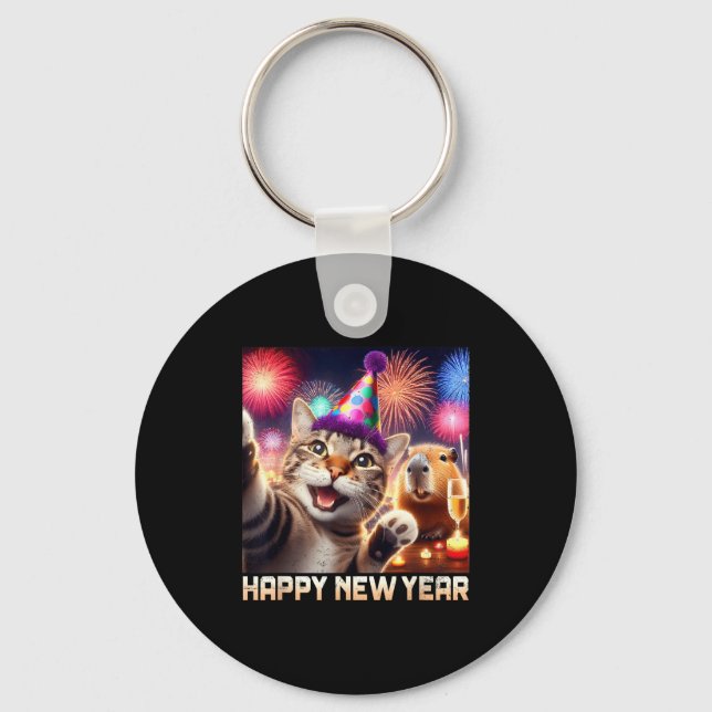 Happy New Year 2026 Cute Cat Capybara Party Art  Schlüsselanhänger (Vorderseite)
