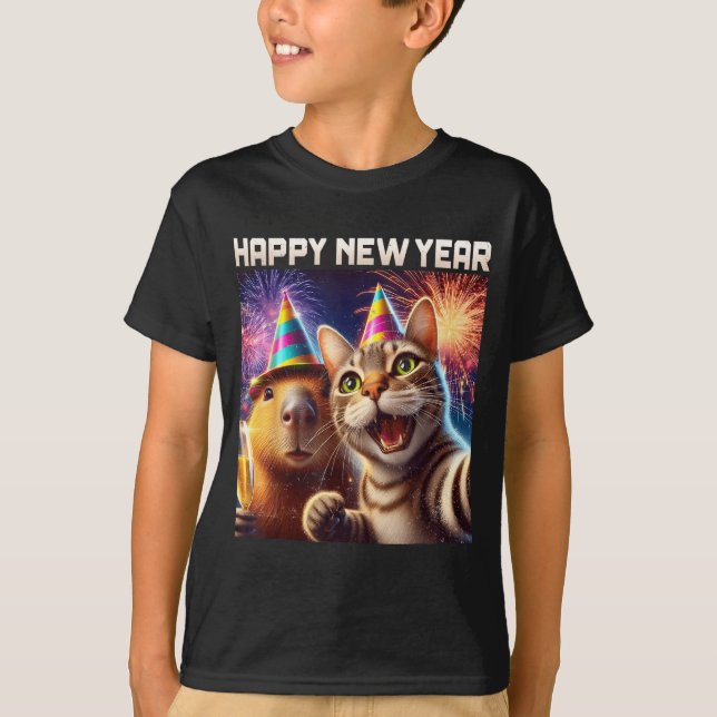 Happy New Year 2026 Cute Cat Capybara Party Art  T-Shirt (Vorderseite)