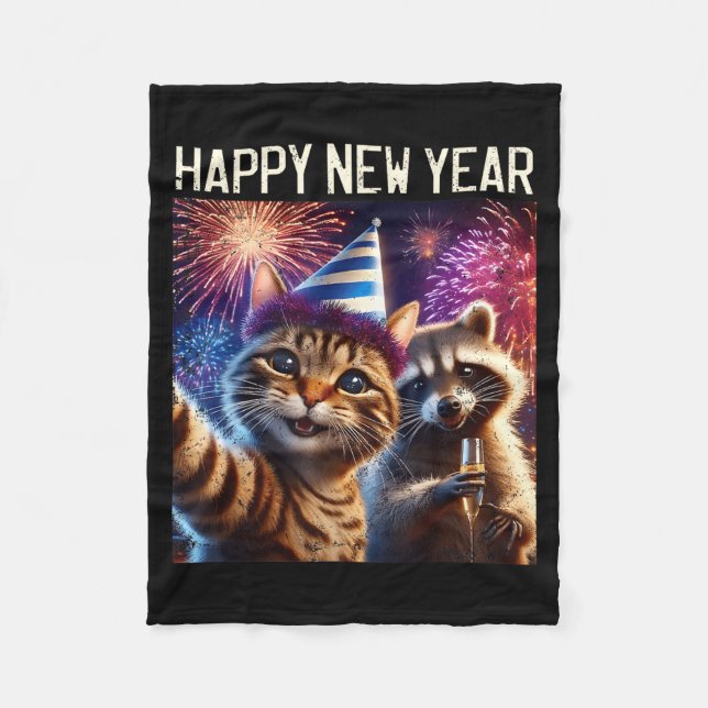 Happy New Year 2026 Cute Cat Raccoon Celebration  Fleecedecke (Vorderseite)