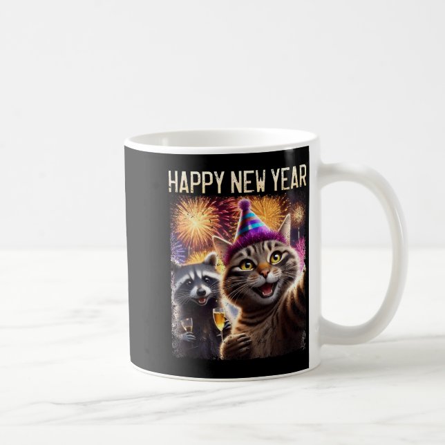 Happy New Year 2026 Cute Cat Raccoon Celebration  Kaffeetasse (Rechts)