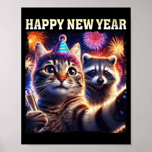 Happy New Year 2026 Cute Cat Raccoon Celebration  Poster (Vorne)