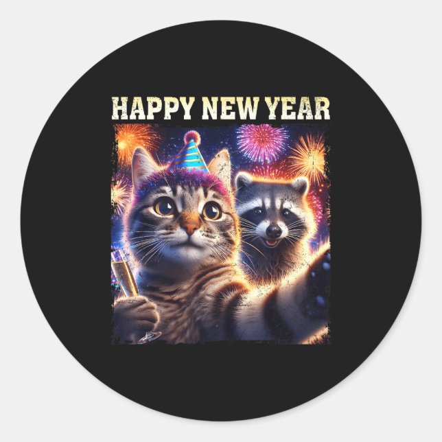 Happy New Year 2026 Cute Cat Raccoon Celebration  Runder Aufkleber (Vorderseite)