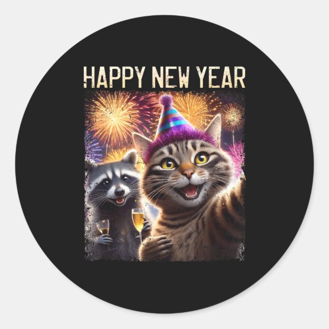 Happy New Year 2026 Cute Cat Raccoon Celebration  Runder Aufkleber (Vorderseite)