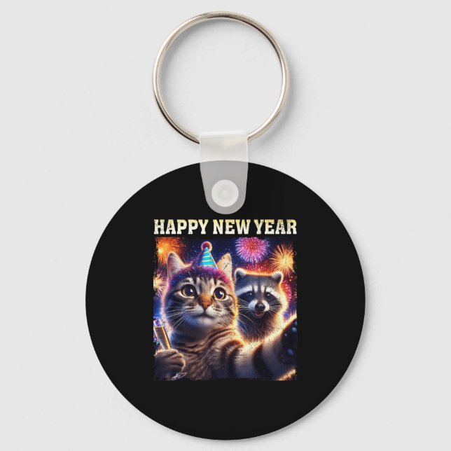 Happy New Year 2026 Cute Cat Raccoon Celebration  Schlüsselanhänger (Vorderseite)