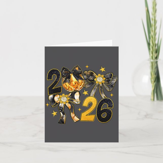 Happy New Year 2026 Disco Ball Coquette Bow New Ye Karte (Vorderseite)