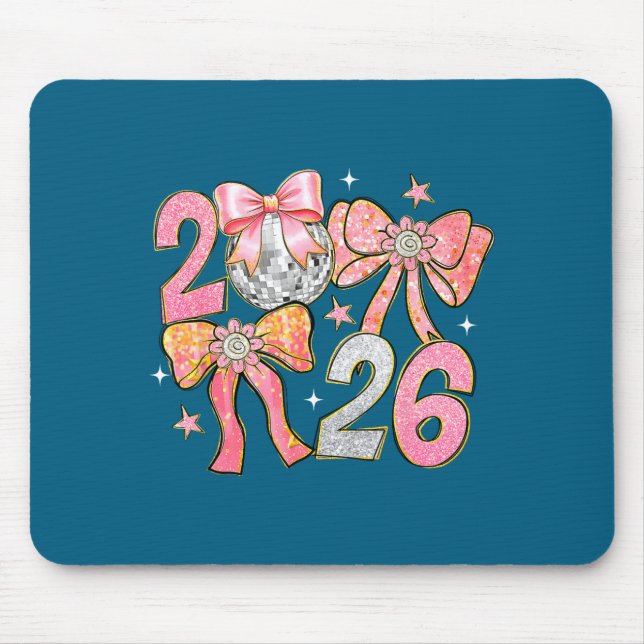 Happy New Year 2026 Disco Ball Coquette Bow New Ye Mousepad (Vorne)