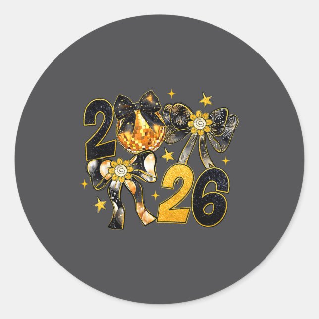 Happy New Year 2026 Disco Ball Coquette Bow New Ye Runder Aufkleber (Vorderseite)