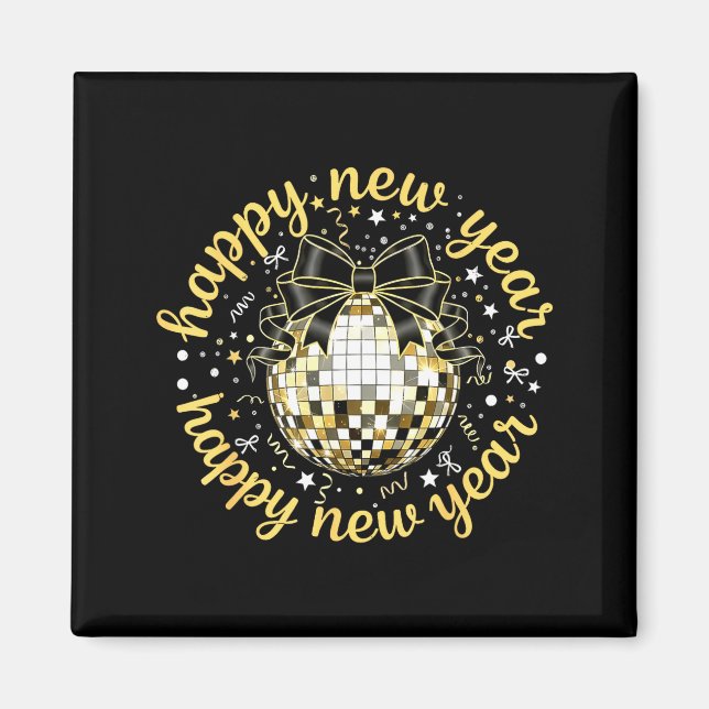 Happy New Year 2026 Disco Ball Gold Bow Coquette C Magnet (Vorne)