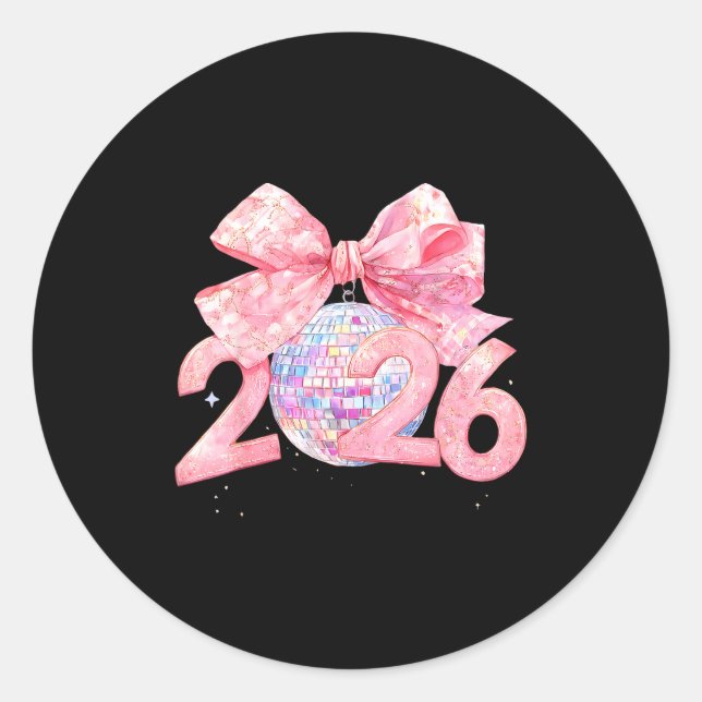 Happy New Year 2026 Disco Ball Nk Coquette Bow Fam Runder Aufkleber (Vorderseite)