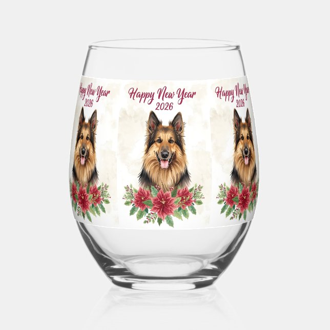 Happy New Year 2026 Dog Champagne Glass Weinglas Ohne Stiel (Vorderseite)