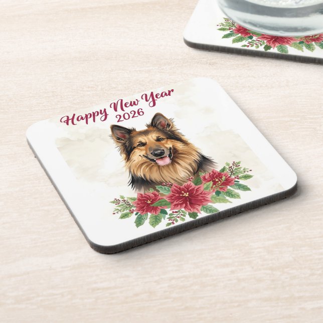 Happy New Year 2026 Dog Theme Coasters Getränkeuntersetzer (Linke Seite)