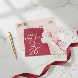 Happy New Year 2026 Elegant Floral Foil Postcard Folien Feiertagspostkarte