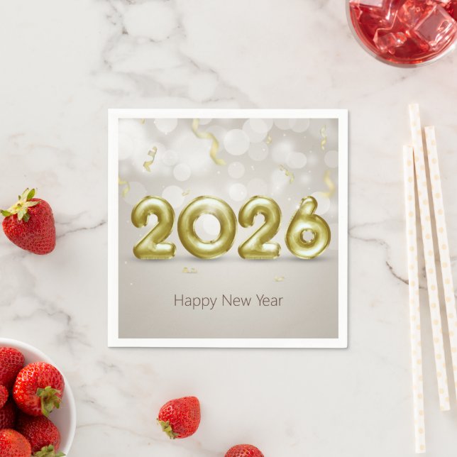 Happy New Year 2026 Elegant Gold Foil Balloons Serviette (Beispiel)