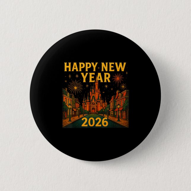 Happy New Year 2026 Fantasy Castle Fireworks Night Button (Vorderseite)