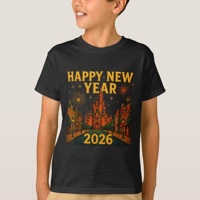 Happy New Year 2026 Fantasy Castle Fireworks Night T-Shirt (Vorderseite)