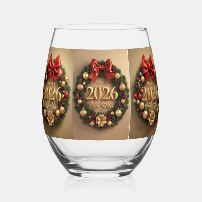 happy new year 2026 festive wreath weinglas ohne stiel (Vorderseite)