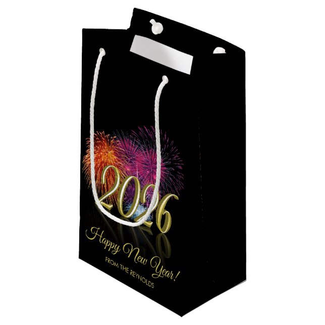 Happy New Year 2026 Fireworks Gold Kleine Geschenktüte (Vorderseite Schrägansicht)