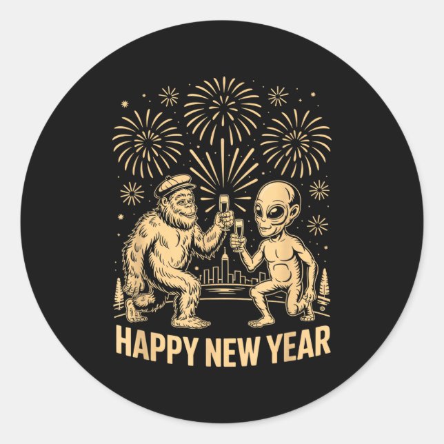 Happy New Year 2026 Funny Bigfoot And Alien Lovers Runder Aufkleber (Vorderseite)