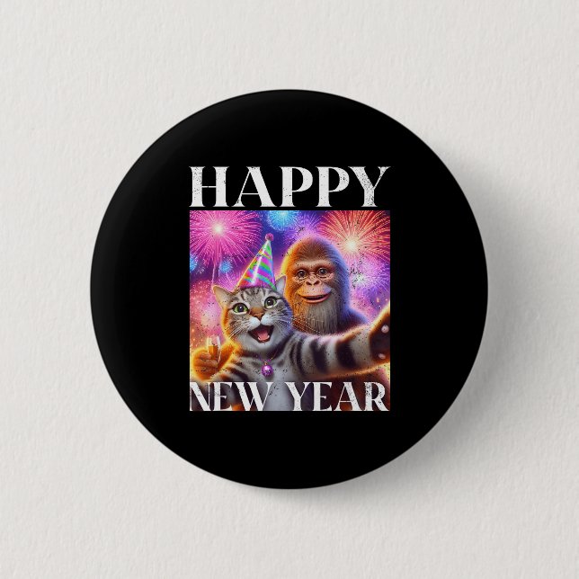 Happy New Year 2026 Funny Cat Bigfoot Party Art  Button (Vorderseite)