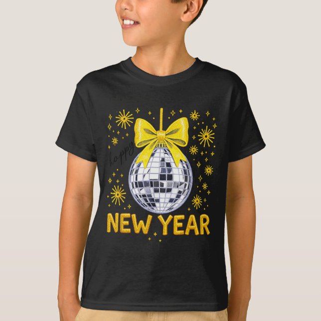 Happy New Year 2026 Golden Disco Ball Bow New Year T-Shirt (Vorderseite)