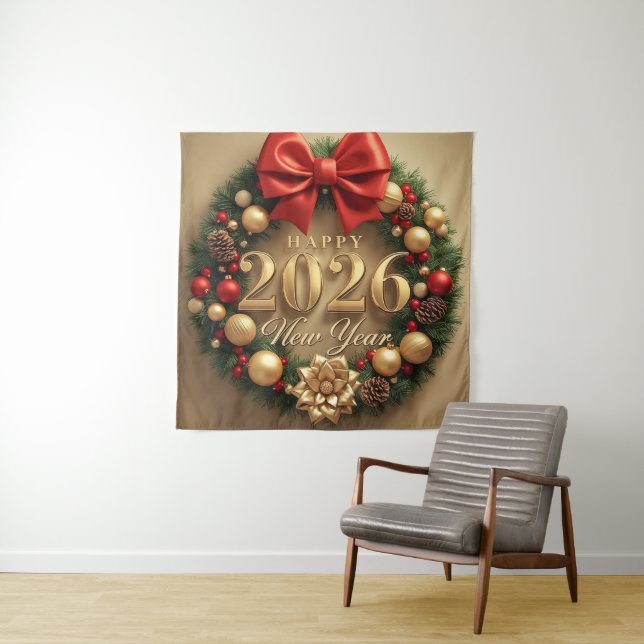 happy new year 2026 luxury wreath party backdrop wandteppich (Beispiel)