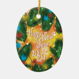 Happy New Year 2026 Pine Branches & Lights Keramik Ornament
