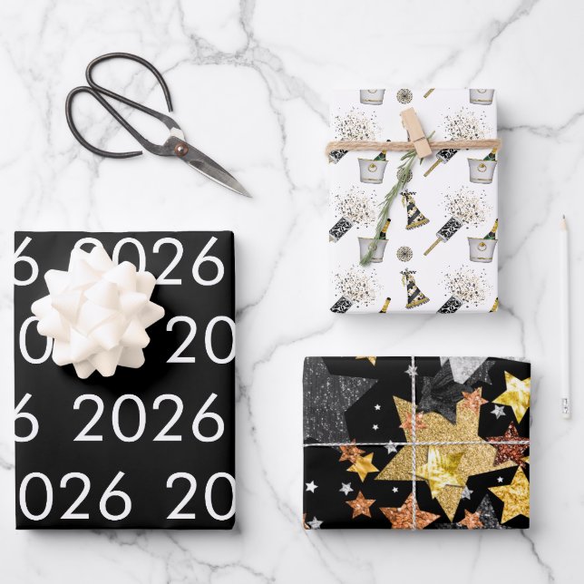 Happy New Year 2026 Schwarz-weiß Gold Confetti Geschenkpapier Set (Vorderseite)