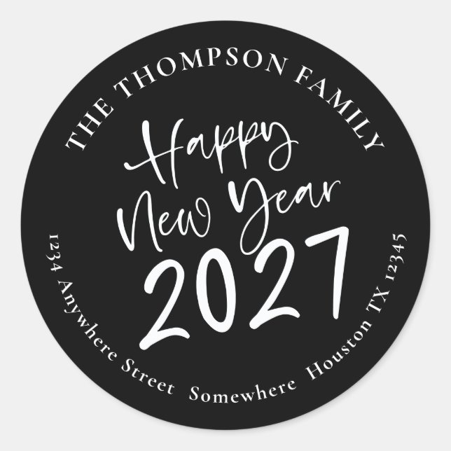 Happy New Year 2026 Script Rücksendeadresse Black Runder Aufkleber (Vorderseite)