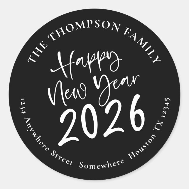 Happy New Year 2026 Script Rücksendeadresse Black Runder Aufkleber (Vorderseite)
