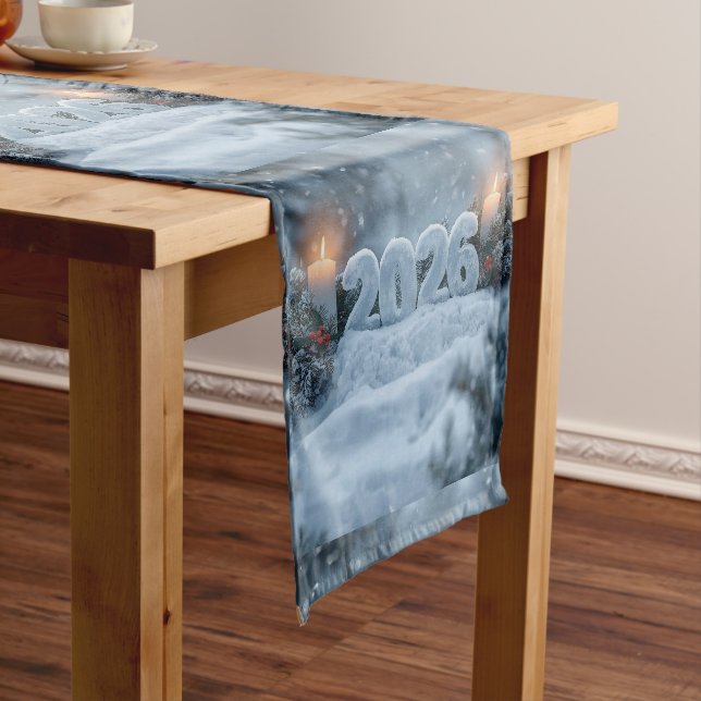happy new year 2026 snowy pine table kurzer tischläufer (Beispiel)
