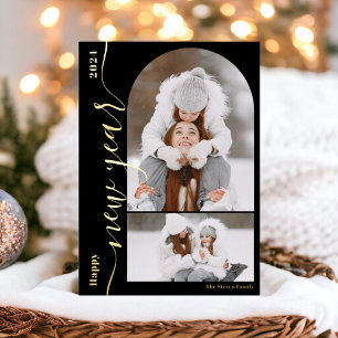 Happy New Year 3 Foto Bogen moderne Drehbuch Gold Folien Feiertagskarte