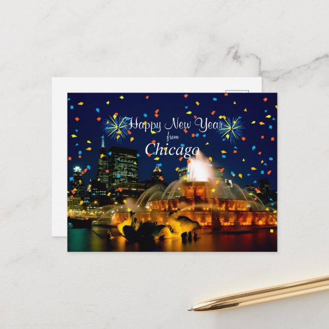 Happy New Year aus Chicago Feiertagspostkarte (Vorderseite/Rückseite Beispiel)
