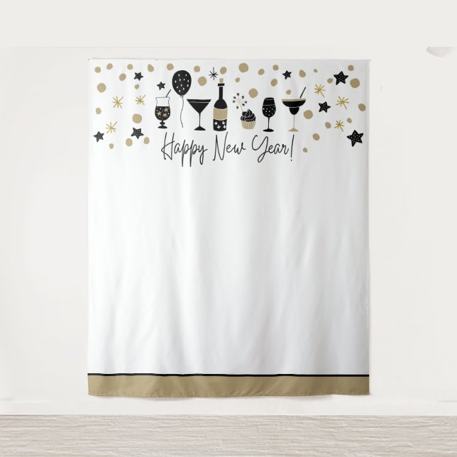 Happy New Year Backdrop Fotos Gold Schwarz-weiß Wandteppich (Vorderseite)