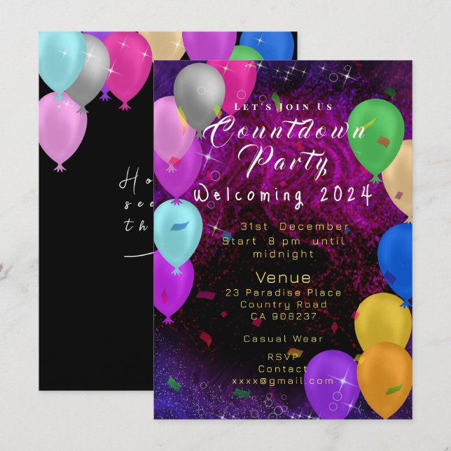 Happy New Year Balloon Einladung (Vorne/Hinten)