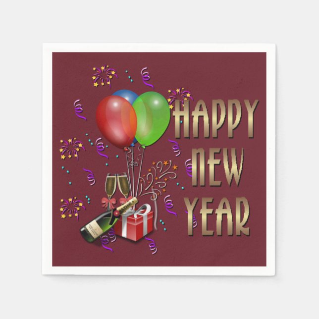 Happy New Year Balloons und Champagne Napkins Serviette (Vorderseite)