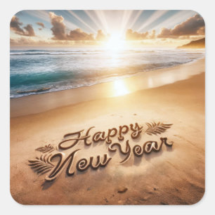Happy New Year Beach Sunrise Quadratischer Aufkleber