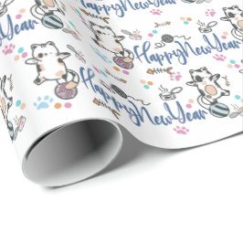 Happy New Year between Kittens Balanced on a Yarn Geschenkpapier