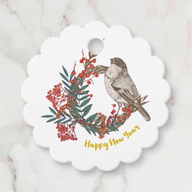 Happy New Year Bird Wreath Geschenkanhänger (Vorderseite)