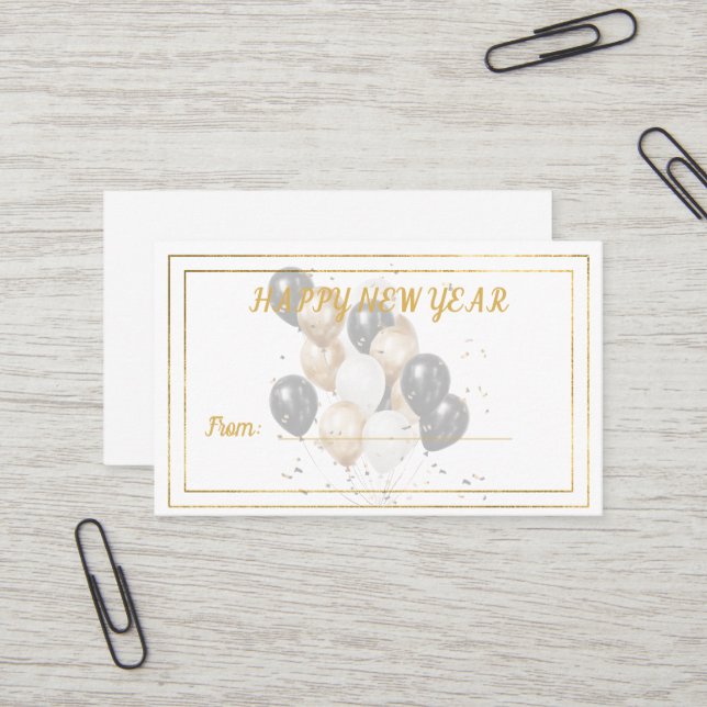 Happy New Year Black and Gold Balloons Gift Card Visitenkarte (Vorderseite/Rückseite Beispiel)