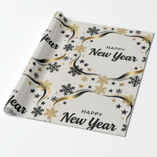 Happy New Year Black and Gold Snowflake Geschenkpapier