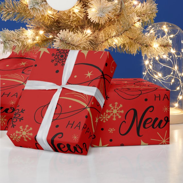 Happy New Year Black and Gold Snowflake  Geschenkpapier (Feiertage)