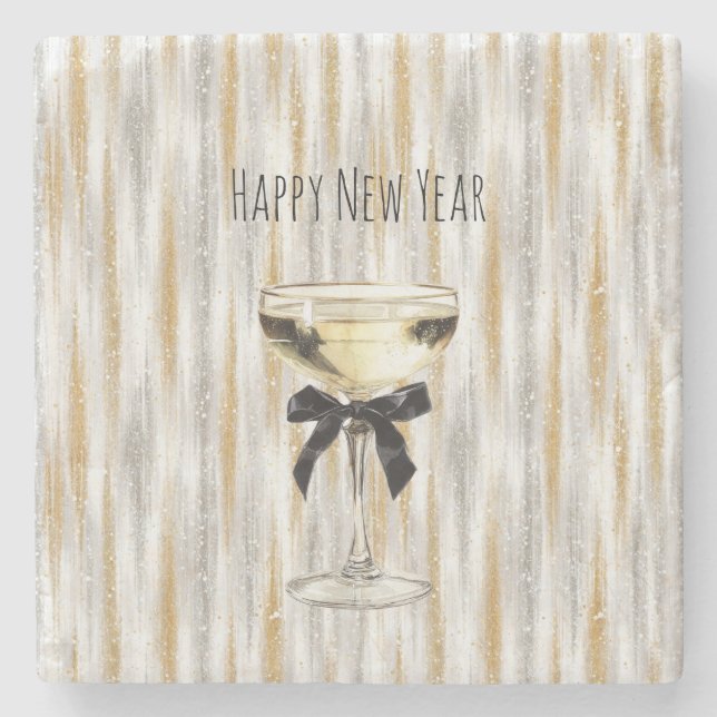 Happy New Year Black Bow Gold Silver Champagne Steinuntersetzer (Vorderseite)