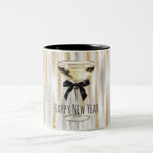 Happy New Year Black Bow Gold Silver Champagne Zweifarbige Tasse (Mittel)