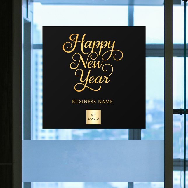 Happy New Year Black Gold Business Logo Fensteraufkleber (Von Creator hochgeladen)