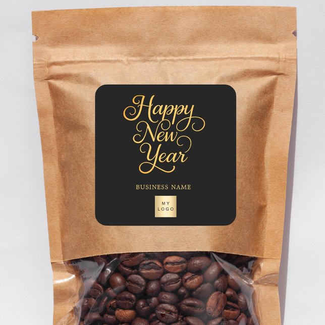 Happy New Year black gold business logo Quadratischer Aufkleber (Von Creator hochgeladen)